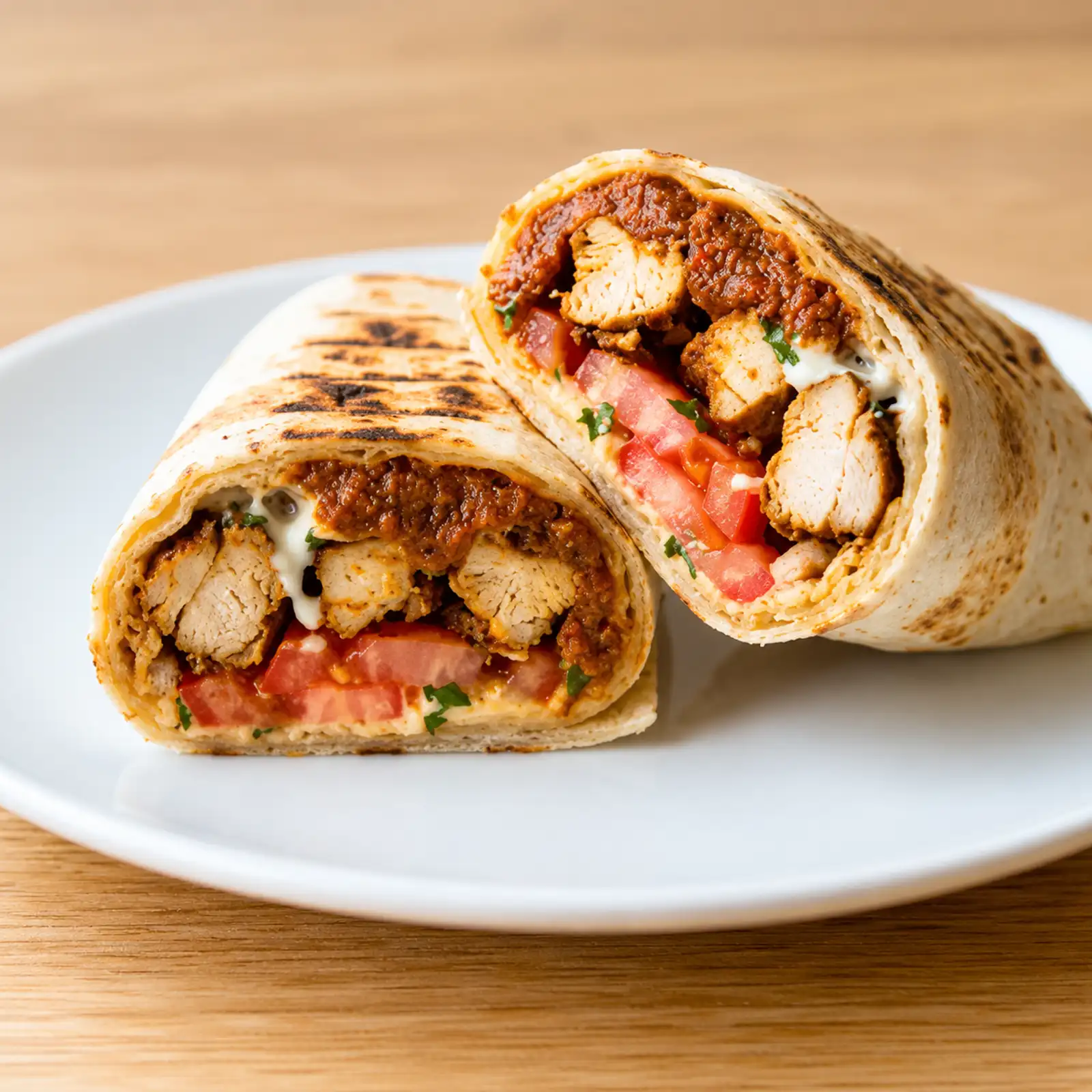 Grilled chicken wrap with red sauce, tomatoes, and white dressing