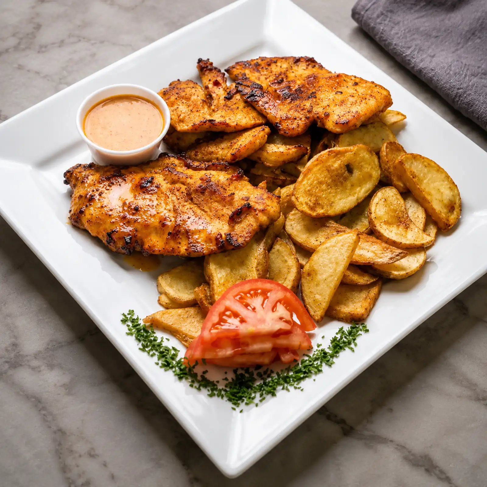 Grilled chicken with potato wedges, sauce, and tomato slices