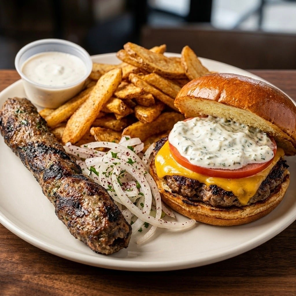 A cheeseburger with fries, grilled meat, onions, and dipping sauce