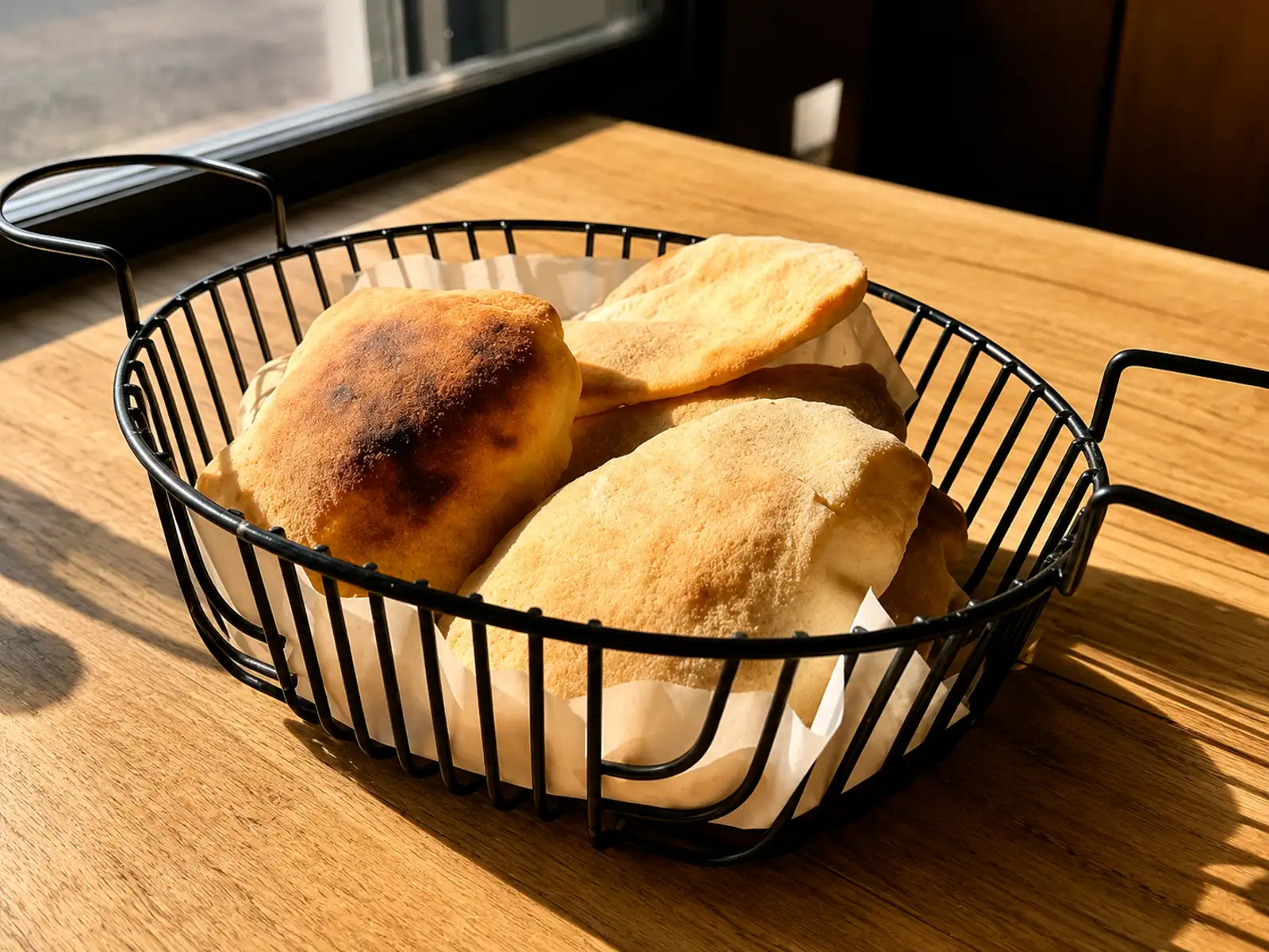 Freshly baked pita bread in a wire basket